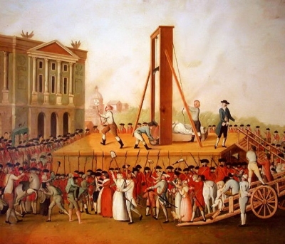 Ścięcie na gilotynie - powszechna metoda wykonywania wyroków śmierci w czasie rewolucji francuskiej